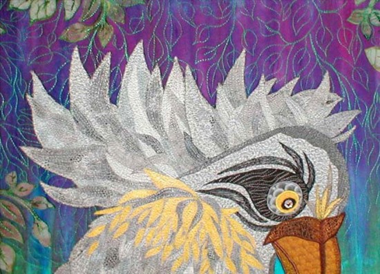 Completed View of Gray Parrot in "She's So Vain" copyright 2001 - Art Quilt by Dottie Gantt